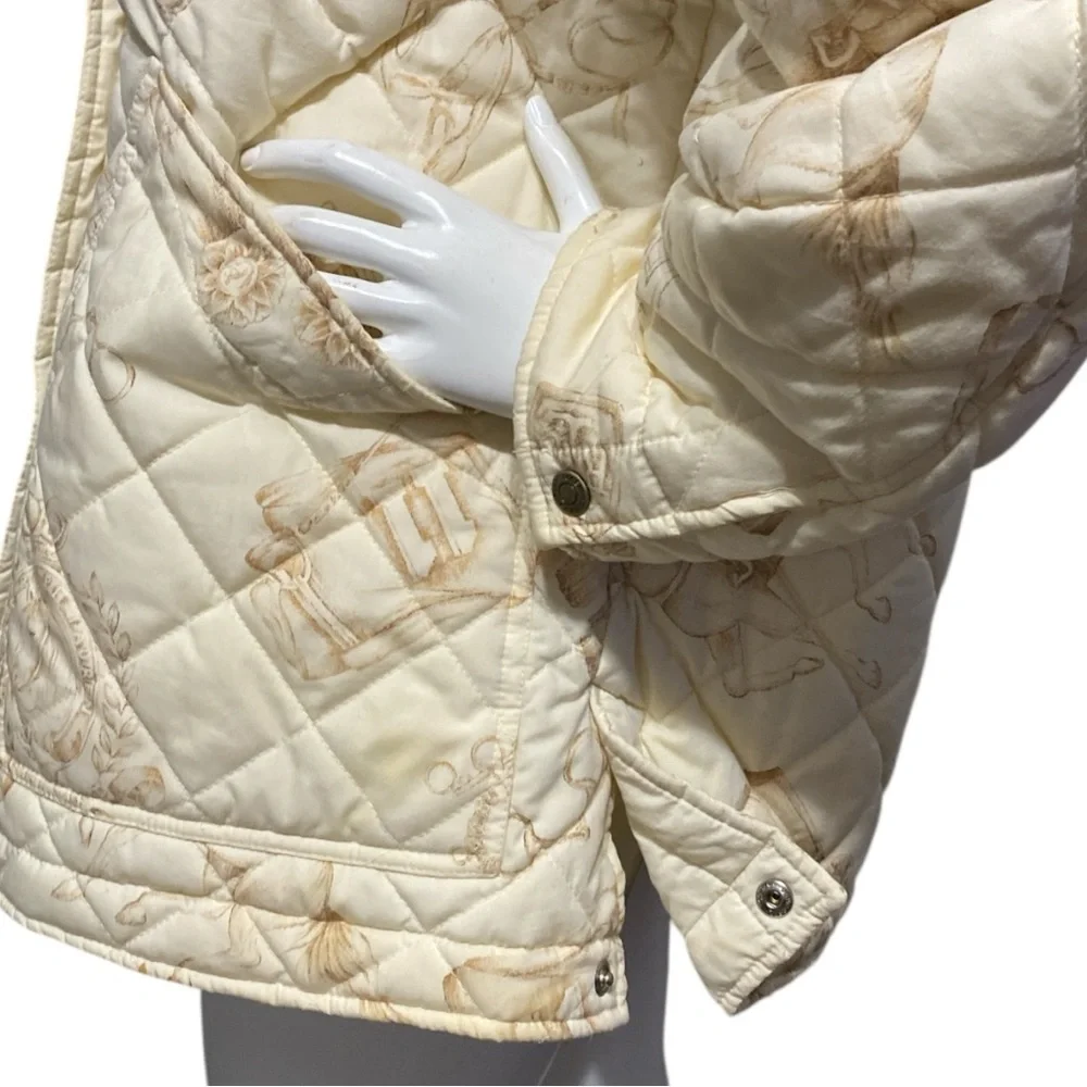 Lauren Ralph Lauren Quilted Cream Equestrian Print Button Utility Jacket Medium